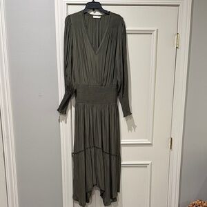 Ramy Brook Olive V‑Neck Long Sleeve Pleated Midi Dress